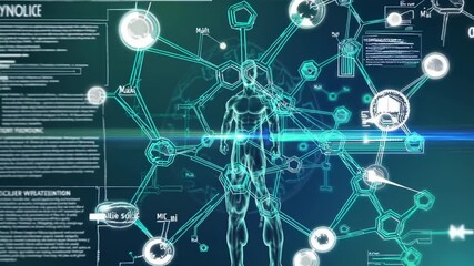 Complex medical visualization shows muscular system analysis with chemical bonds and data, combined with a strong male bodybuilder posing, isolated on a dark background - Powered by Adobe