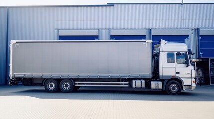 A large logistics truck parked in front of a warehouse, ready to load.