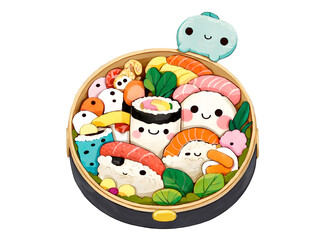 Delightful Bento Box Illustration, A Whimsical Assortment of Smiling Sushi Characters and Tiny Octopus Topping, Perfect for Culinary-Themed Designs