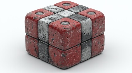Obraz premium Abstract Red and Gray Cube Composition: A 3D Render of Interlocking Blocks with a Weathered Texture