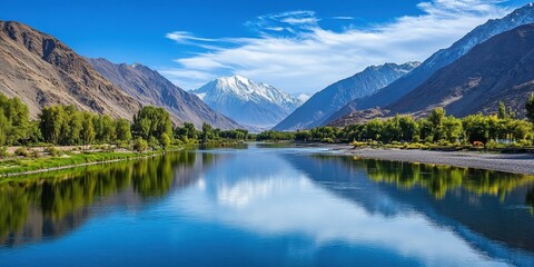 A serene mountain landscape with a reflective river and lush greenery under a clear blue sky.