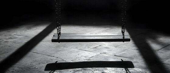 Empty Wooden Swing Hanging from Chains in Dark Room
