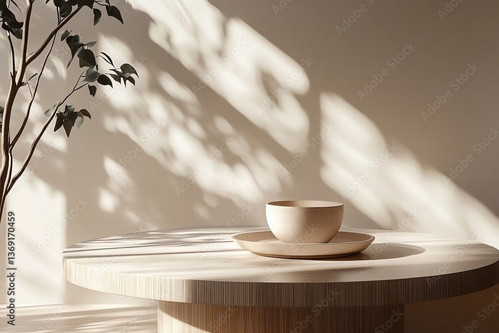 Poster minimalist table setting with neutral tones and delicate sunlight shadows
