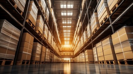 Fototapeta premium A massive factory warehouse stacked with metal sheets and industrial materials.