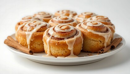 Cinnamon Rolls with Cream Cheese Icing on Plate with Cinnamon Sticks