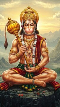 Lord Hanuman Ji Mobile Wallpaper HD 4K, Hanuman Ji Sitting on Mountain Peak, Hanuman Jayanti Janmotsav Photo, Divine Hanuman Ji Background