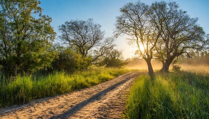 Fototapeta premium Tree Branches Casting Long Shadows Across a Dusty Path at Sunrise Peace