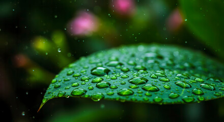 Water droplets splashing on a fresh green leaf