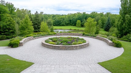 A formal garden with a circular flower bed and surrounding greenery