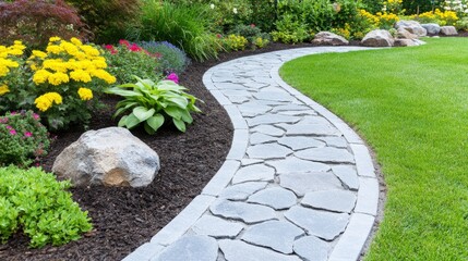 Obraz premium A winding stone path meanders through a well landscaped garden