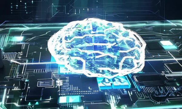 Artificial intelligence digital brain bid data ai chipset on circuit board in futuristic loop animation. for future technology artwork ai deep learning computer machine thinking process. virtual