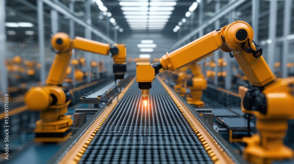 Poster a modern factory assembly line with automated robotic welding arms.