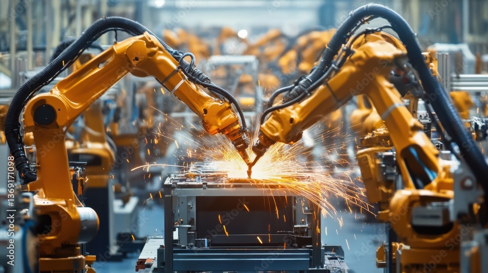 Poster a modern factory assembly line with automated robotic welding arms.