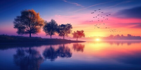 Obraz premium Serene sunset over a lake, with trees and birds creating a tranquil atmosphere.