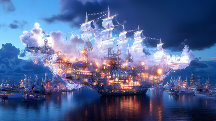 Enchanted Floating City Ship at Night
