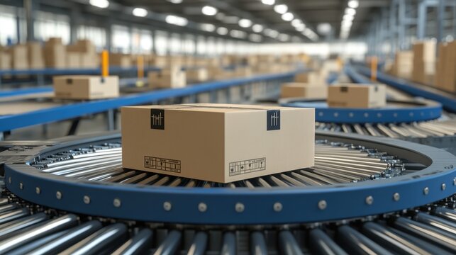 A modern logistics warehouse conveyor system sorting packages automatically.