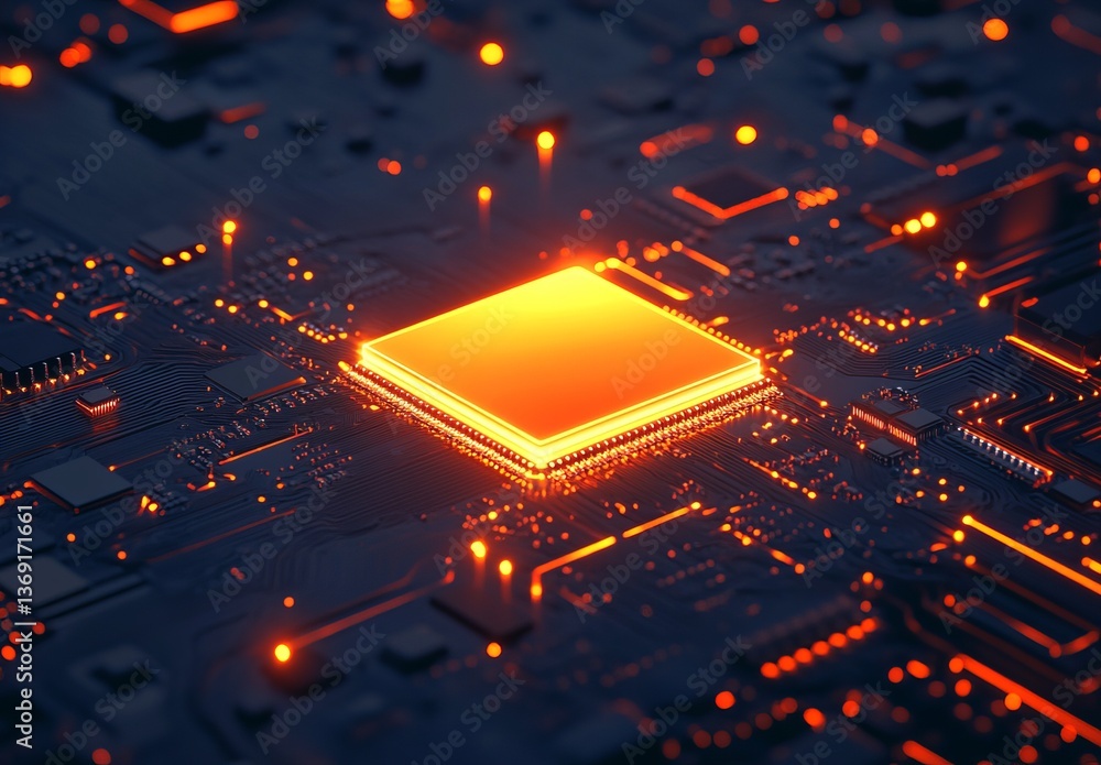 Poster glowing orange cpu on dark circuit board technology abstract background digital electronic hightech 