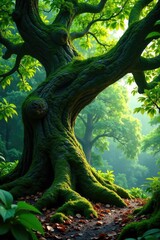 Fototapeta premium Ancient tree with gnarled branches and twisted trunk, greenery, mossy, leaves