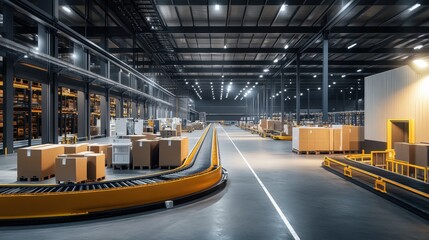 Obraz premium A modern warehouse with an automated inventory management system and conveyor belts.