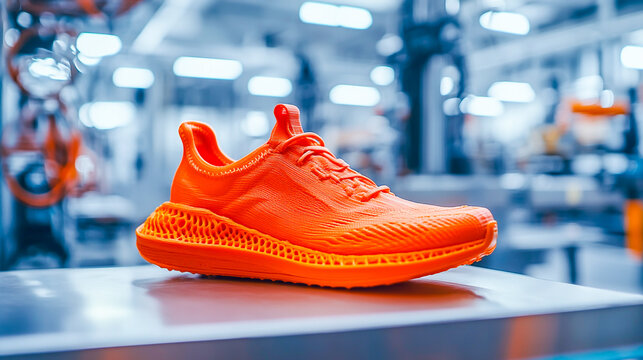 Vibrant orange 3D-printed sneaker displayed on a table in an advanced manufacturing facility, with a blurred industrial background showcasing cutting-edge production technology.