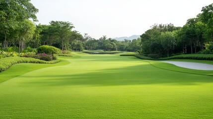 Obraz premium Beautiful green golf course landscape with lots of trees around it