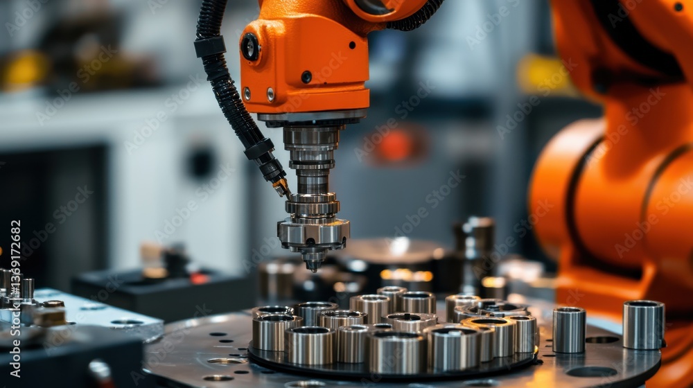Poster a robotic arm assembling intricate mechanical parts with high-speed precision.