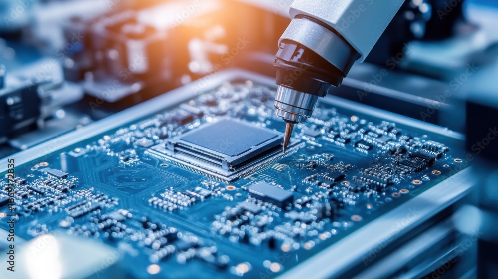 Poster a robotic assembly line producing electronic components with high precision.