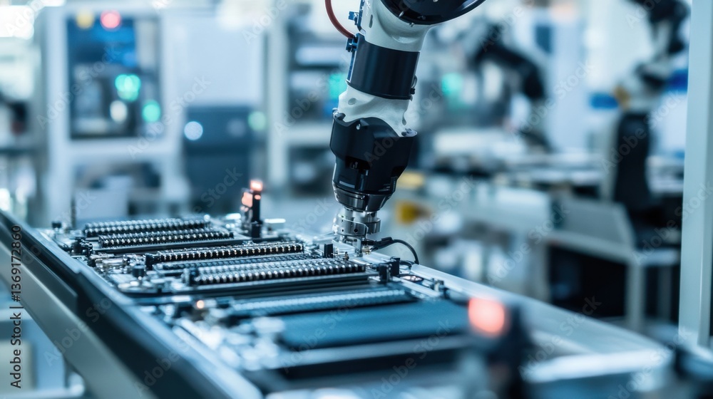 Poster a robotic assembly line producing electronic components with high precision.