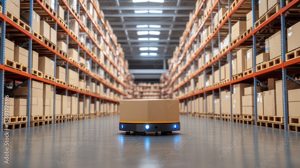 Poster a robotic logistics system loading and unloading inventory in an ai-driven warehouse.