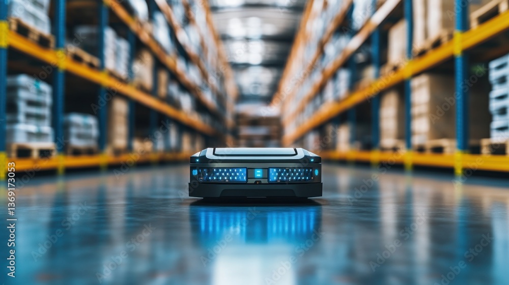 Poster a robotic warehouse system optimizing storage and retrieval with ai technology.