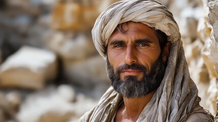 Man in traditional attire in rocks