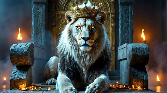 Majestic white lion wearing crown seated on throne in royal fantasy palace hall
