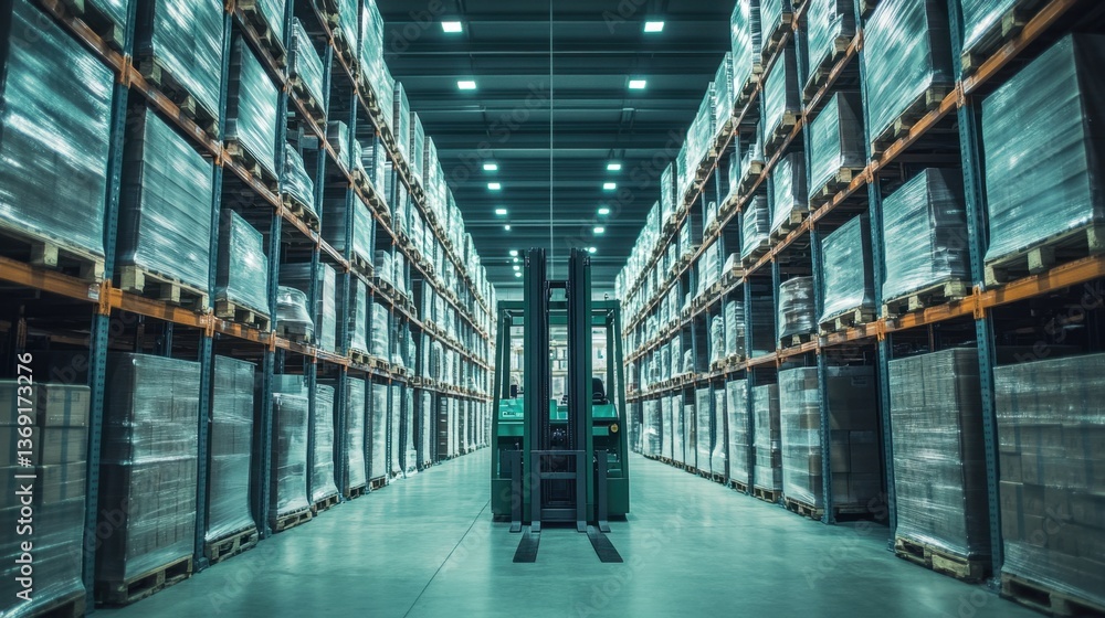 Poster a row of forklifts moving pallets in a large warehouse for efficient logistics.