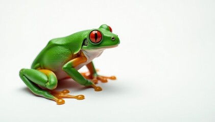 Fototapeta premium Green tree frog perched on white, vibrant skin, wildlife, animal