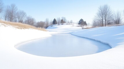 Obraz premium Frozen winter pond amidst snow-covered landscape