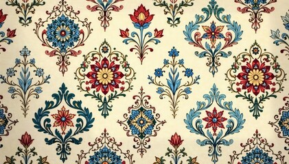 Intricate floral damask pattern in muted tones, damask, graphic, fabric