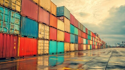 Fototapeta premium A set of stacked shipping crates in an industrial logistics hub.