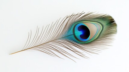 Obraz premium Beautiful Single Peacock Feather Isolated on White Background Elegant Nature Detailed Macro Shot Vivid Colors Tropical Bird Plume Detailed Texture 
