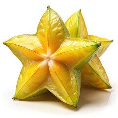 Fototapeta premium Two ripe star fruits isolated on white background fresh juicy exotic tropical delicious healthy vitamin c sweet dessert star shape