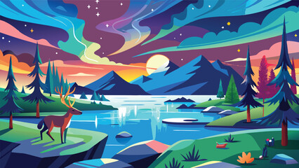 Majestic Deer in a Vibrant Mountain Lake Landscape at Sunset with Aurora Borealis