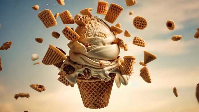 Ice cream floating in a blue sky with clouds. A summer aesthetic surreal food concept. Flying cookie pieces from a waffle cone. Generative 4k video.