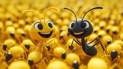Happy ants in field, teamwork, sunny day, nature