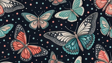 Naklejka premium Beautiful seamless pattern featuring various butterflies on black background with white polka dots, showcasing intricate details and vibrant colors 