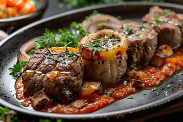 Serbian evapi gourmet beef rolls plated with ajvar pure, onion ring crisp and flatbread