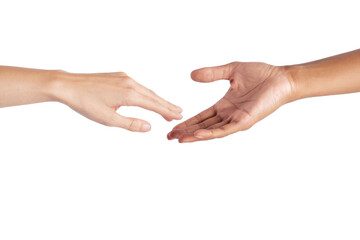 reaching hands of different skin tones on white background