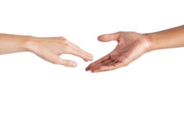 reaching hands of different skin tones on white background