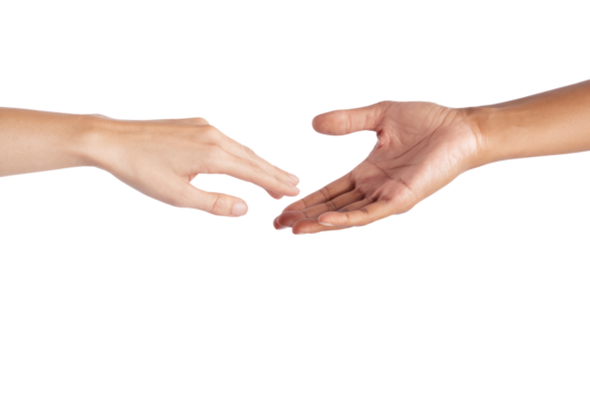 reaching hands of different skin tones on white background