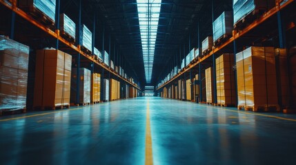 Fototapeta premium A warehouse floor with cargo stacked and ready to be moved in an industrial logistics environment.