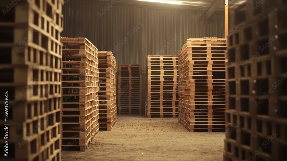 Poster a warehouse with neatly arranged stacked pallets ready for distribution.
