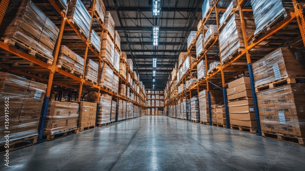 Poster a warehouse with neatly arranged stacked pallets ready for distribution.
